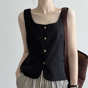 黑色方领复古金属扣高级感无袖马甲女2023夏季新款短外套上衣