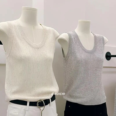 韩系夏季大U领竖纹针织背心女