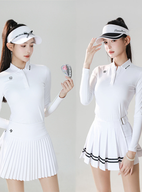 SG高尔夫服装女秋冬加厚长袖T恤衫休闲运动百褶裙短裙子套装纯白