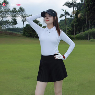 SG高尔夫服装女秋冬新款翻领长袖t恤衫休闲运动长裤百褶裙子套装