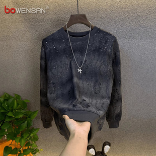 潮牌破洞卫衣男士2025新款春秋冬季痞帅气圆领长袖t恤男款打底衫