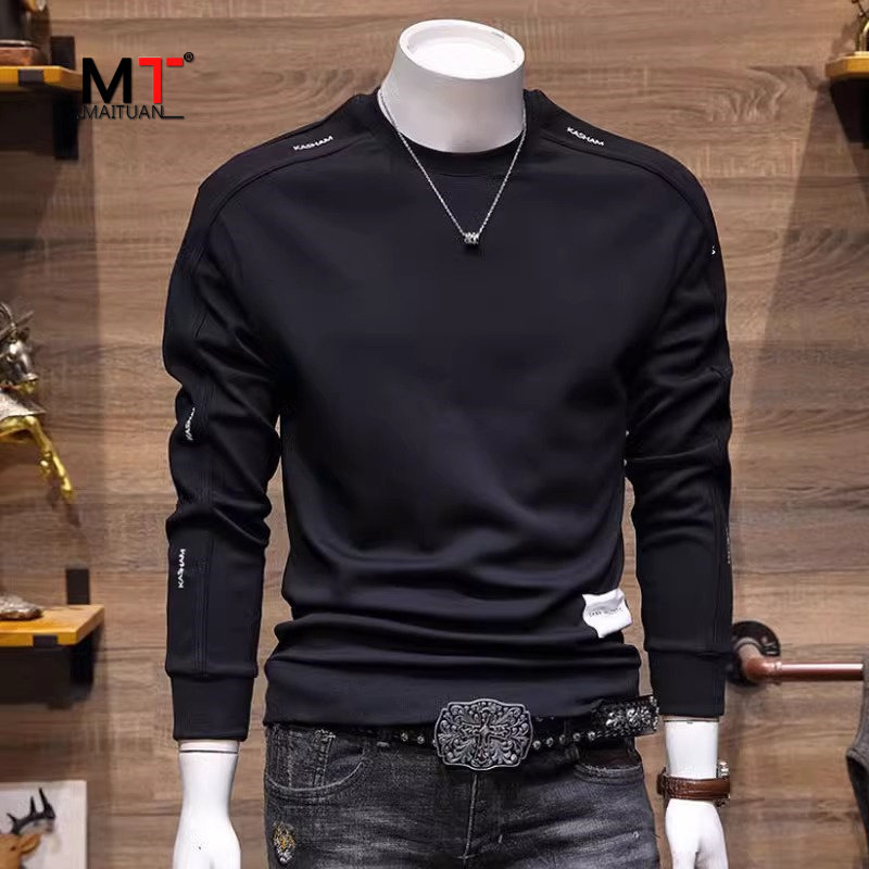 高端卫衣男士2025新款春秋冬季潮美式修身圆领长袖t恤男款打底衫