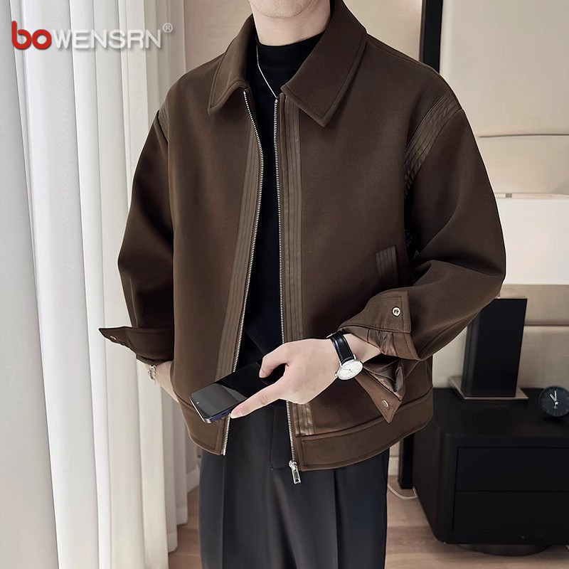 高端毛呢拼皮夹克男士外套2025新款春秋冬季爆款加厚痞帅棉服男款