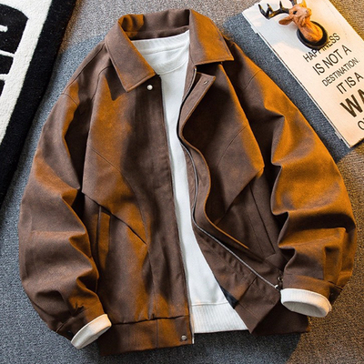 潮牌美式复古做旧麂皮绒皮衣外套男春秋2025新款翻领痞帅机车夹克
