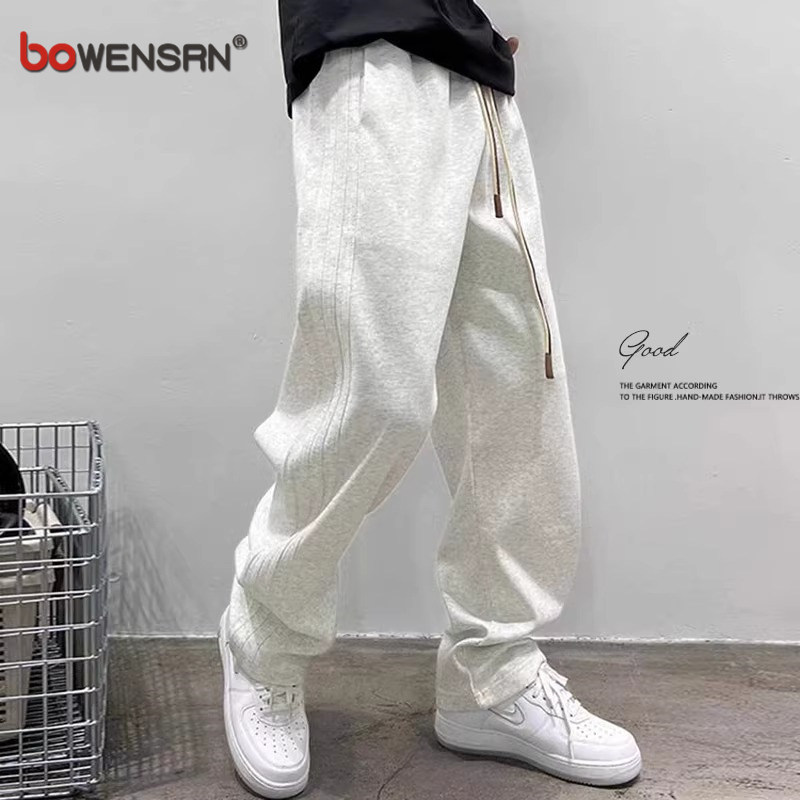 高端灰色卫裤男士2025新款春秋冬季加绒男裤宽松直筒运动裤子男款