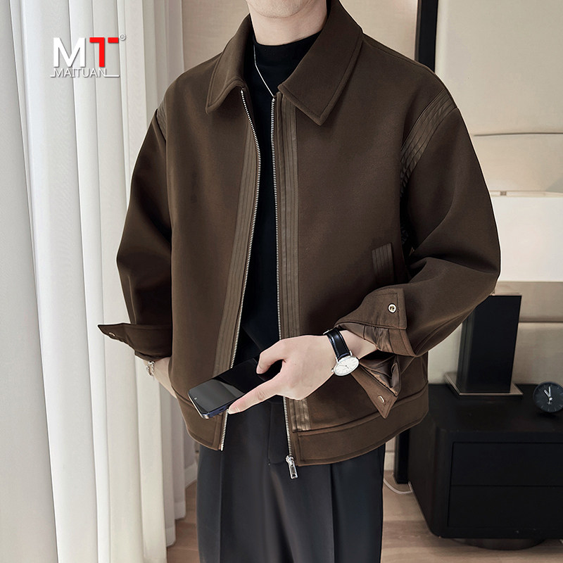 休闲夹克外套男士秋冬季2025新款轻熟男装毛呢拼皮夹棉服大衣男款