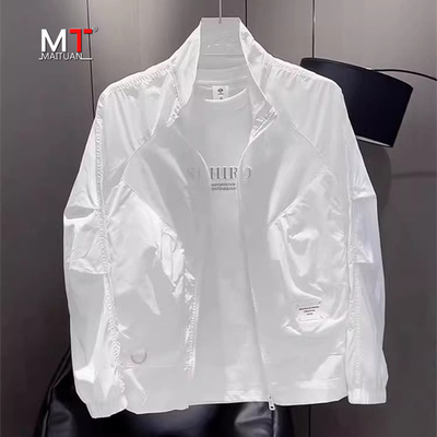 潮牌白色外套男士2025新款春秋夏季薄款潮高级感立领休闲夹克男款