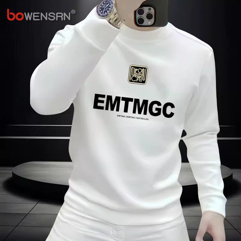 高端欧货白色卫衣男士2025新款春秋冬季加绒圆领打底长袖T恤男款