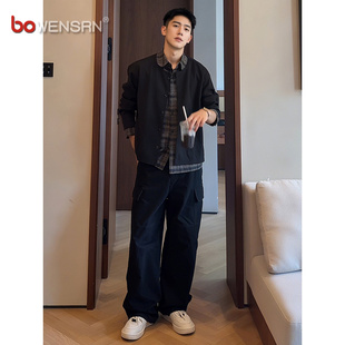 假两件黑色格纹衬衫领针织衫毛衣男士2025新款秋冬高级感开衫男款