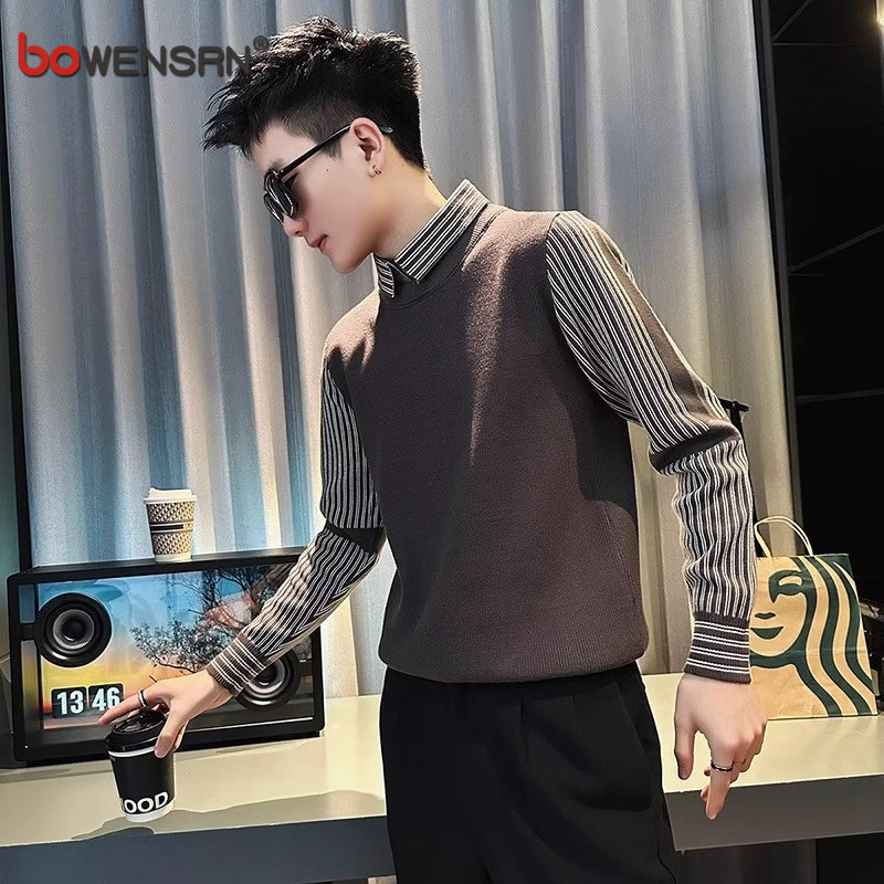 高端假两件男士针织衫2025新款春秋冬季潮流高级感衬衫领毛衣男款