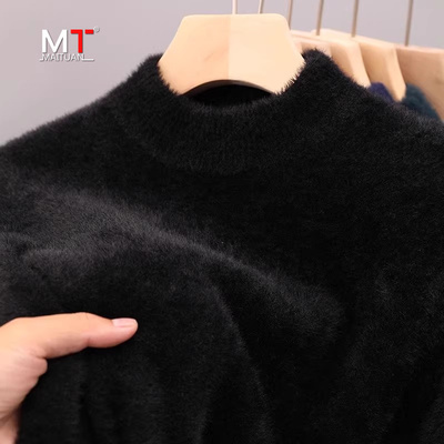 高端水貂绒毛衣男士秋冬季2025新款加绒加厚半高领针织打底衫男款