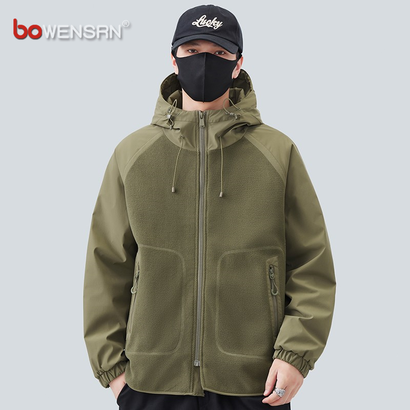 潮牌摇粒绒拼接夹克外套男士2025新款秋冬季二棉加厚针织棉服男款