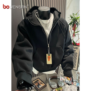 重磅黑色半拉链卫衣男士2025新款秋冬季痞帅加绒解构连帽外套男款