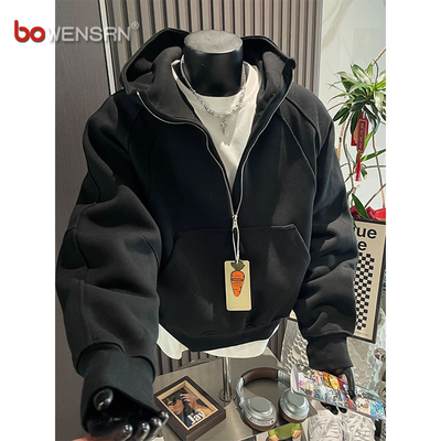 重磅黑色半拉链卫衣男士2025新款秋冬季痞帅加绒解构连帽外套男款