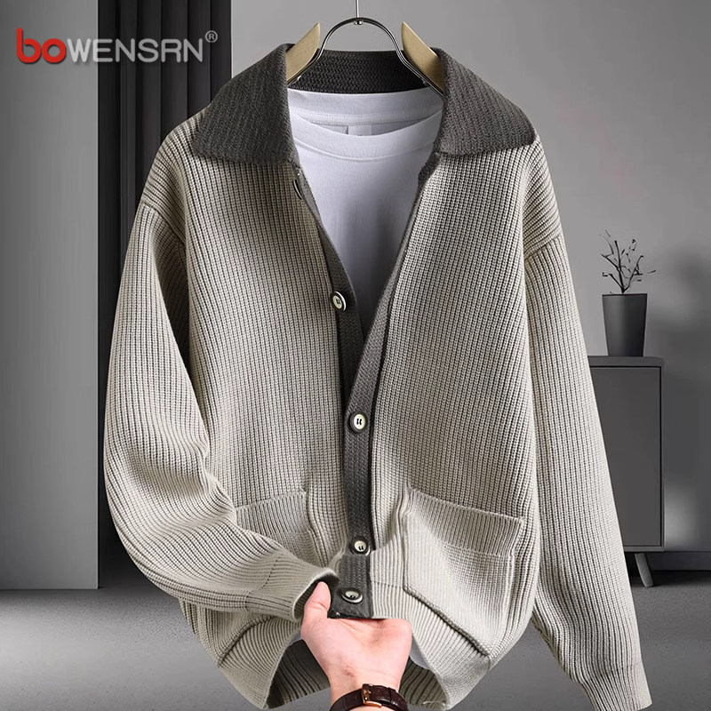 潮牌假两件针织开衫男士外套2025年新款春秋冬季翻领休闲毛衣男款