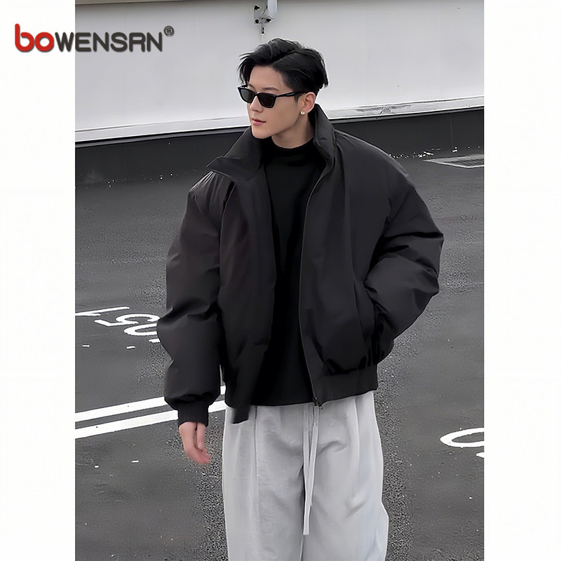 潮牌黑色羽绒服外套男士2025新款秋冬季短款保暖夹克棒球棉服男款