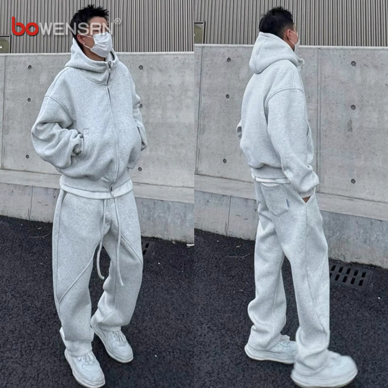 美式休闲运动套装男士2025新款春秋冬季痞帅连帽开衫外套男款一套