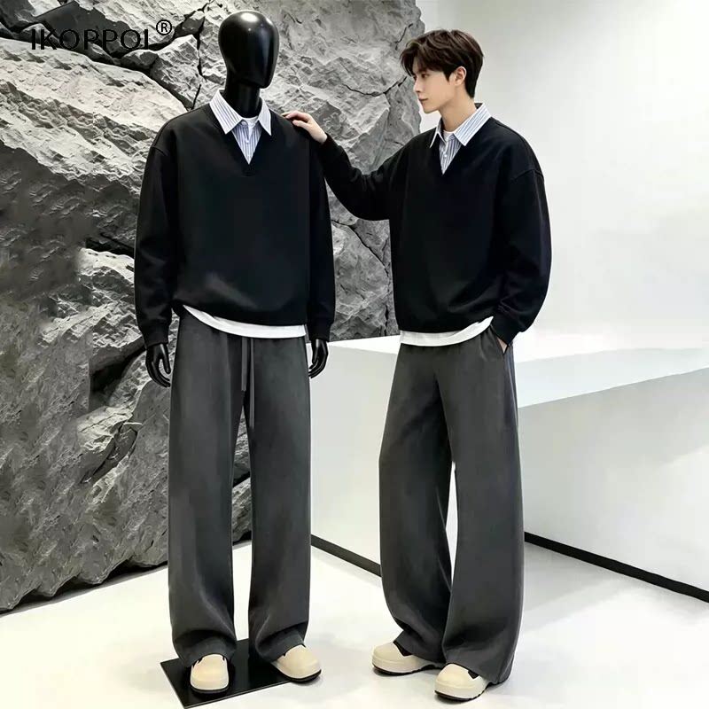 高端老钱风假两件衬衫领卫衣男士2026秋季新款高级感穿搭休闲套装