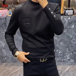 高端男士长袖t恤2025新款春秋季韩版修身打底衫卫衣男款秋冬加绒