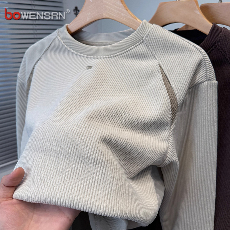 摇粒绒拼接卫衣男士长袖T恤2025新款秋冬季加绒加厚打底衫男款潮