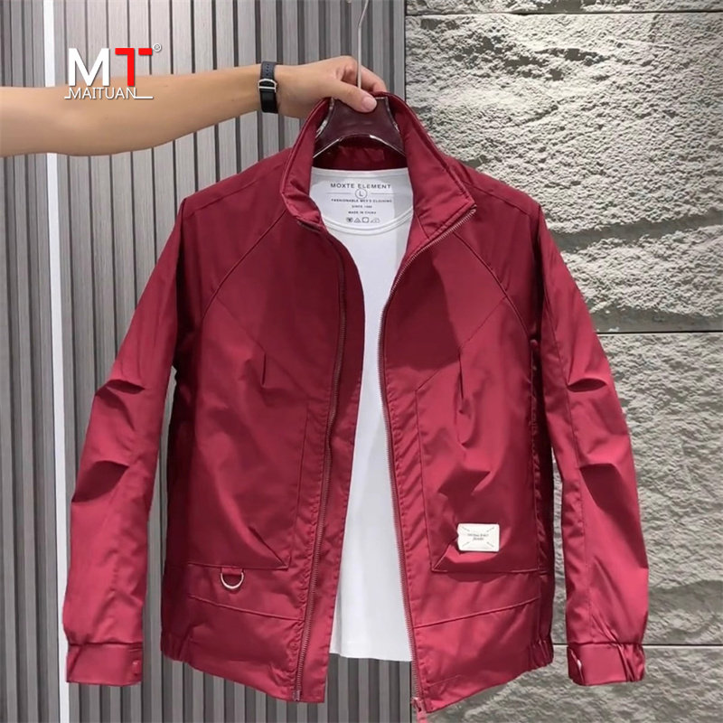 高端外套男士春秋冬季2025新款潮牌高级感酒红色休闲夹克男款秋装