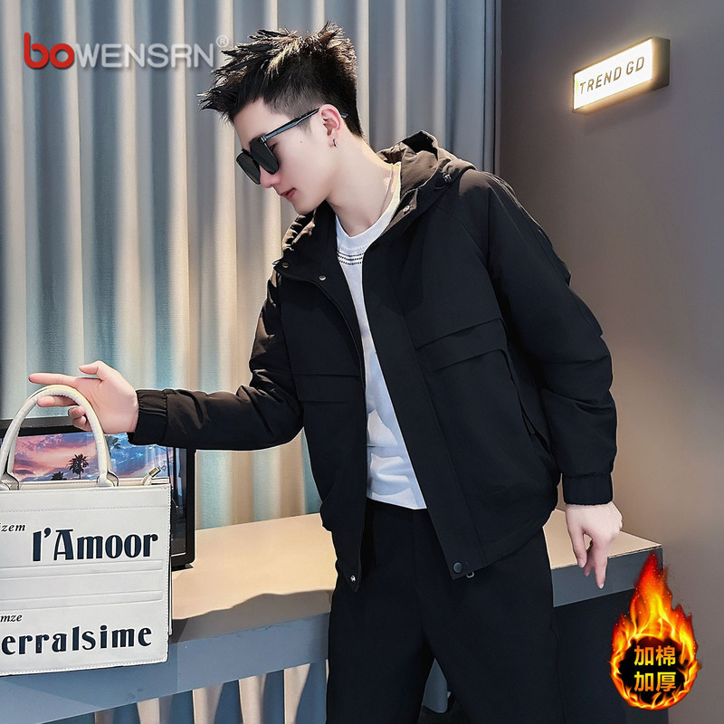 潮牌连帽夹克男士外套2025新款秋冬季爆款痞帅保暖冲锋衣棉服男款