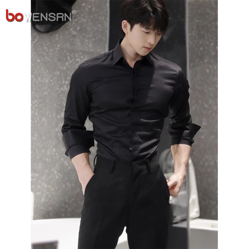 那不勒斯黑色衬衫男士长袖2025新款秋冬季加绒高级感痞帅衬衣男款