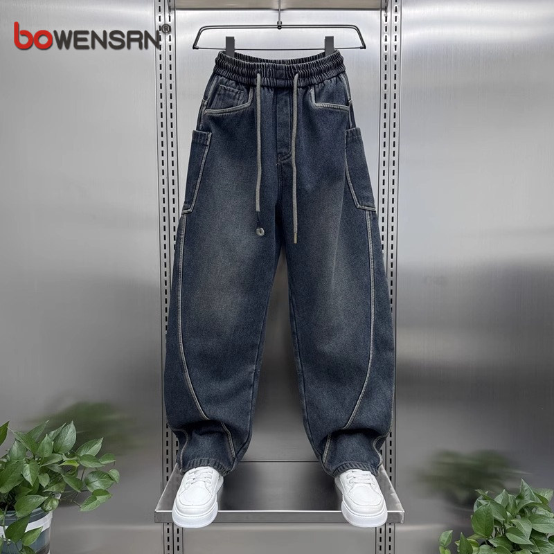 潮牌弯刀牛仔裤男士2025新款春秋冬季加绒加厚男裤直筒长裤子男款