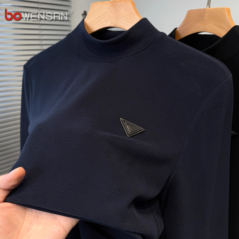 双面磨毛德绒半高领打底衫男士2025新款秋冬季修身长袖t恤男款潮