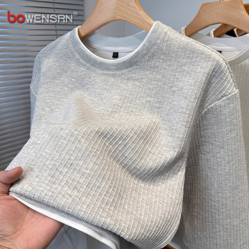 潮牌假两件卫衣男士2025年新款春秋冬季纯色高级感加厚打底衫男款