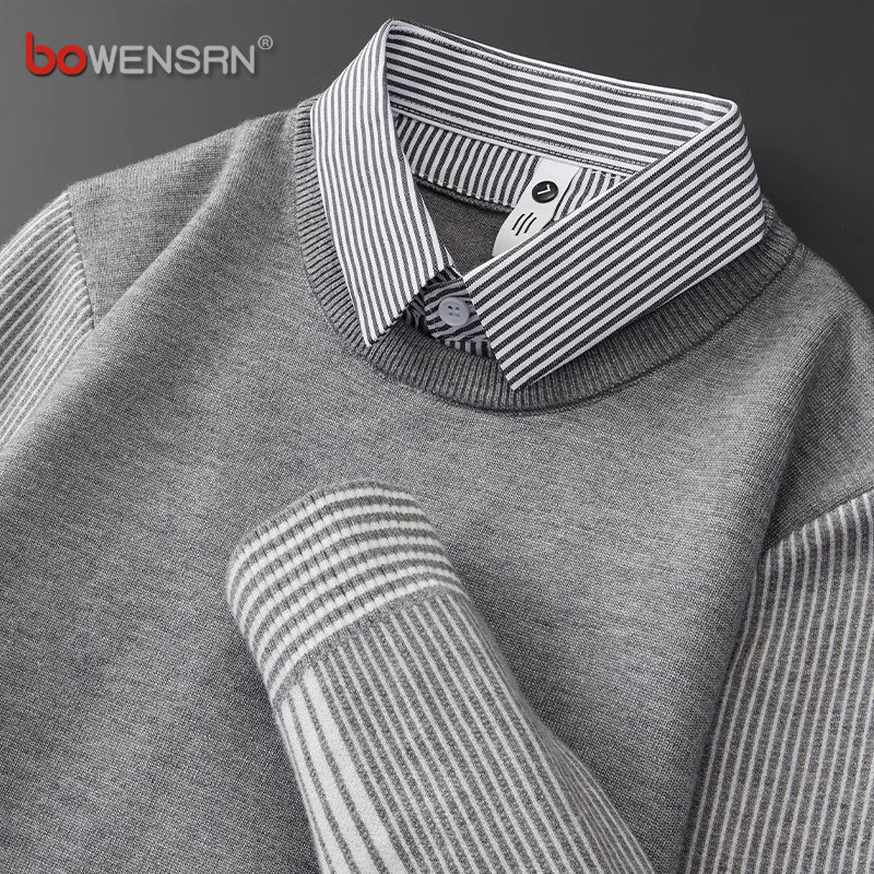 高级感条纹假两件毛衣男士2025新款秋冬季商务休闲打底针织衫男款