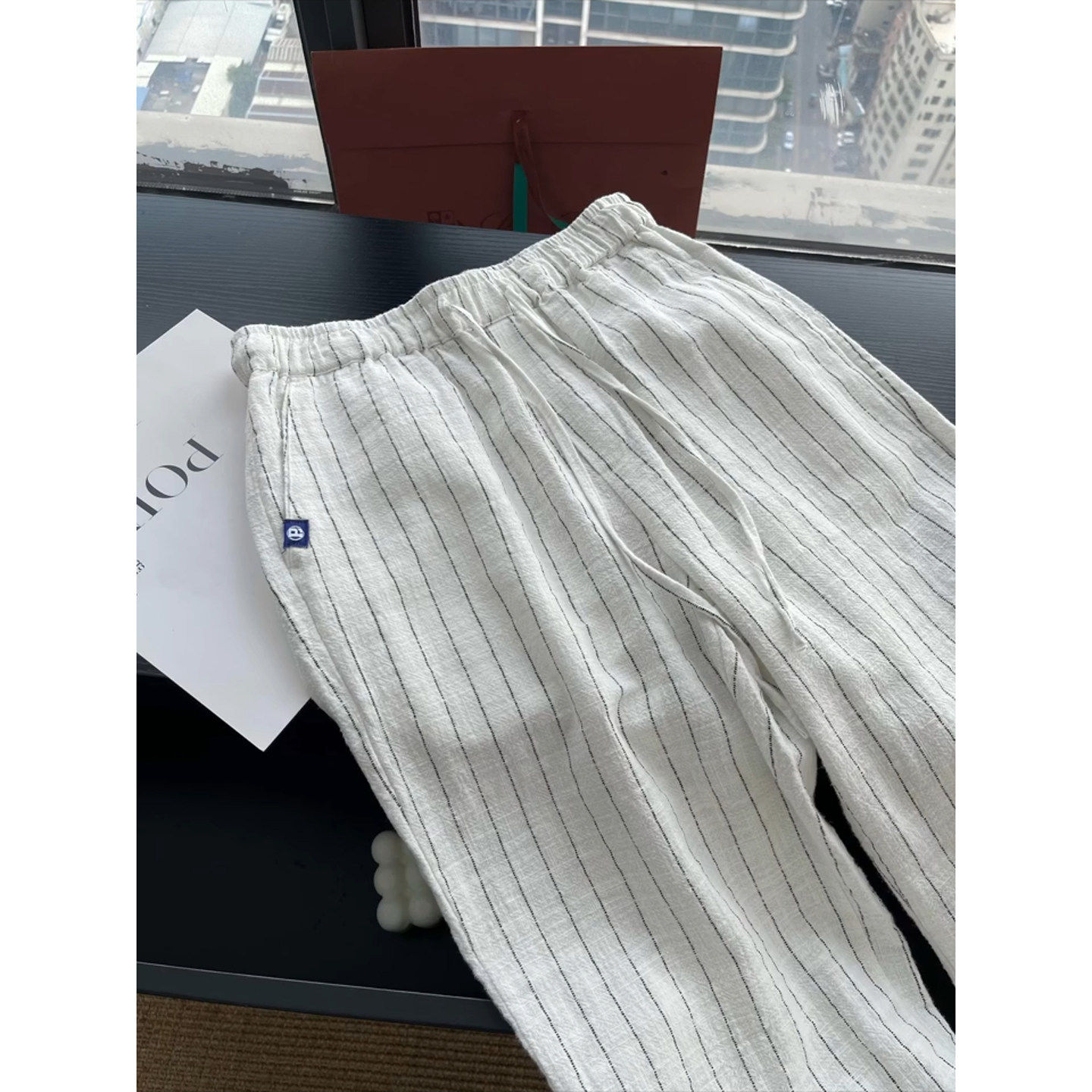 老钱风白色条纹亚麻裤男夏季薄款速干慵懒风直筒cleanfit棉麻裤子