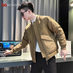 潮牌卡其色棉服男士外套2025新款秋冬季痞帅气加厚棒球领夹克男款
