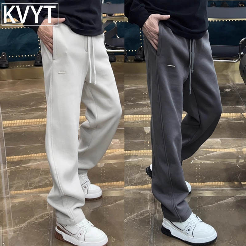 高端潮牌男士加绒裤子卫裤冬季加厚重磅弯刀裤男款运动休闲长裤子