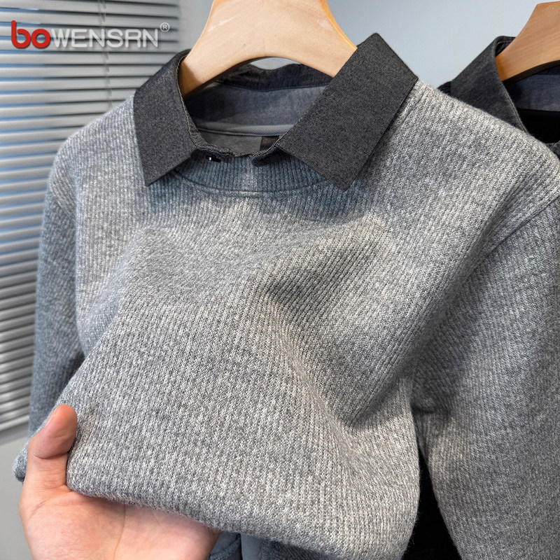高端假两件衬衫领毛衣男士2025新款秋冬季加绒加厚针织衫卫衣男款