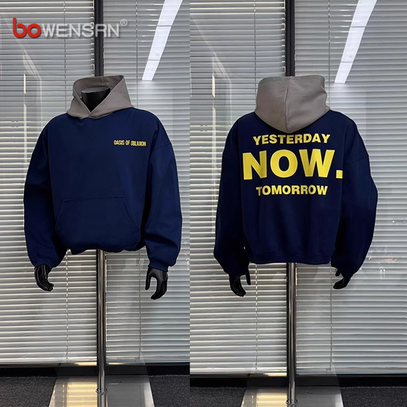 潮牌撞色重磅连帽卫衣男士2025新款春秋冬季美式复古痞帅上衣男款