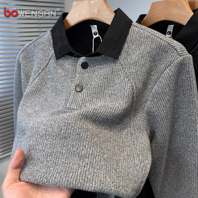 假两件衬衫领卫衣男士2025新款秋冬季加绒加厚针织毛衣打底衫男款