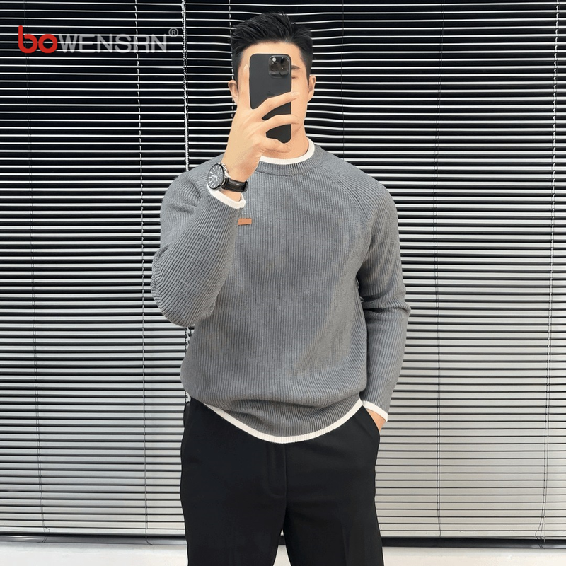 潮牌假两件圆领毛衣男士2025新款春秋冬季休闲内搭针织打底衫男款