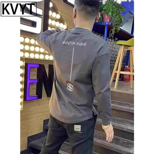 高端圆领卫衣男士春秋季2025新款潮牌燕尾开叉上衣男款外穿体恤衫