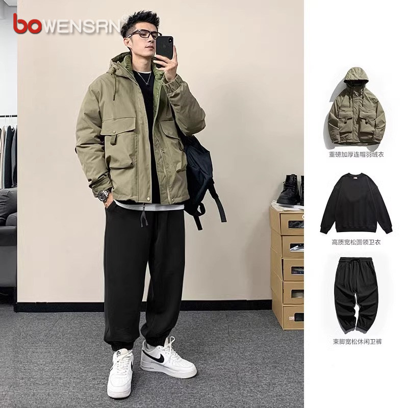 潮牌工装棉服男士套装冬季2025新款宽松痞帅连帽羽绒棉衣一套男款