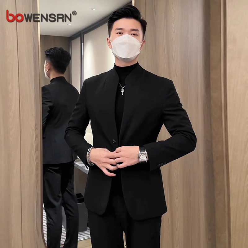 新中式立领西装外套男士2025新款春秋冬季高级感修身商务西服男款