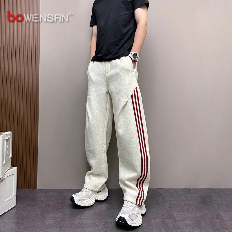 美式条纹运动卫裤男士2025新款春秋冬季加绒男裤直筒休闲裤子男款