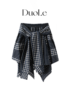 DUOLE多乐自制 设计感不规则格子条纹拼接屁帘叠穿下摆短款半身裙