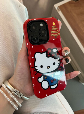 新年红色kt猫苹果17手机壳iPhone16ProMax菲林硬壳15plus二合一14双层13/12/11卡通HelloKitty防摔保护套可爱