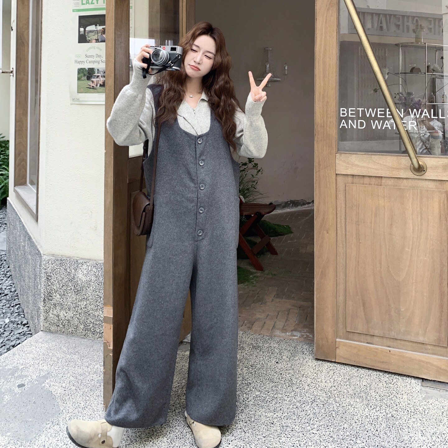 甜美风日系慵懒风灰色毛呢连体裤女2025冬季新款洋气设计感休闲裤,女装连体裤,2C251