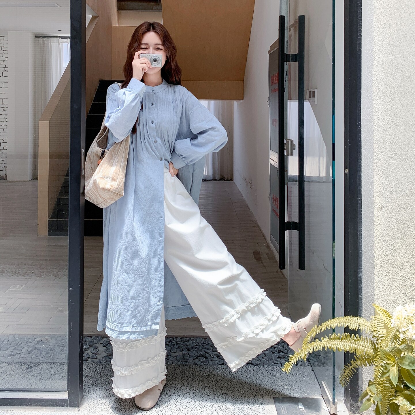 长款蓝色衬衫连衣裙阔腿裤套装女夏流行绝美ootd两件套爆款小众,女装套装/套裙,2C251
