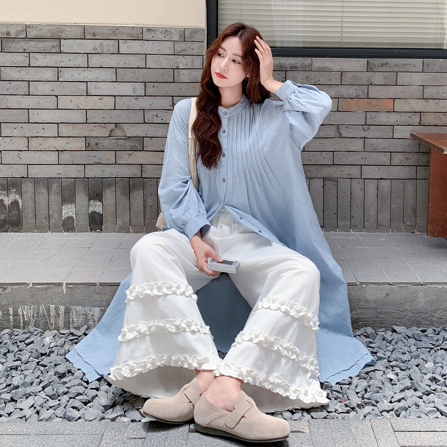 长款蓝色衬衫连衣裙阔腿裤套装女夏流行绝美ootd两件套爆款小众,女装套装/套裙,2C251