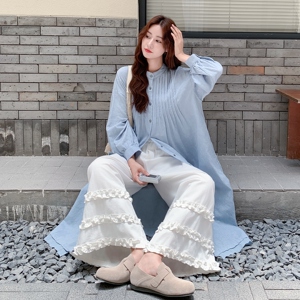 长款蓝色衬衫连衣裙阔腿裤套装女夏流行绝美ootd两件套爆款小众图片