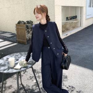 深蓝色小香风套装女秋季2025新款老钱风穿搭显瘦马甲阔腿裤三件套图片
