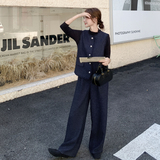 深蓝色小香风套装女秋季2025新款老钱风穿搭显瘦马甲阔腿裤三件套，女装套装/套裙，2C251
